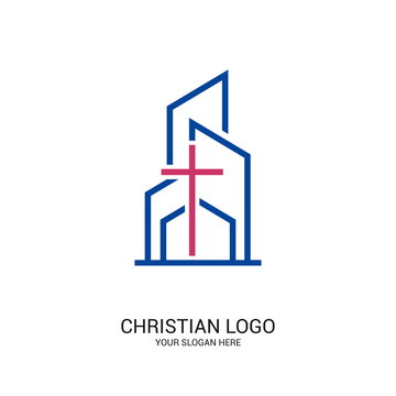 Christian church logo. Bible symbols. Cross of Jesus Christ on the background of buildings.