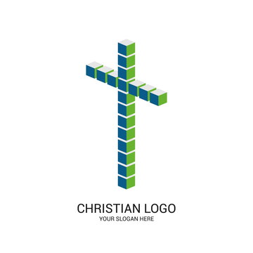 Christian church logo. Bible symbols. Cross of Jesus Christ made up of cubes.