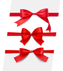Set of realistic satin red bows. Vector illustration isolated on white background. Can be use for decoration gifts, greetings, holidays, etc. EPS10.