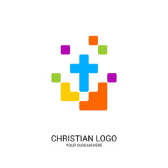 Christian church logo. Bible symbols. Cross of Jesus Christ and color elements.