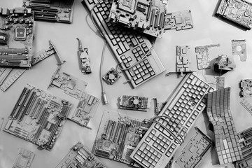 A collage of old computer components in white color