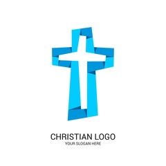 Fototapeta premium Christian church logo. Bible symbols. Cross of Jesus Christ from colored ribbons.