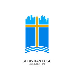 Christian church logo. Bible symbols. Scripture and the church of the big city.