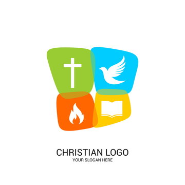 Christian church logo. Bible symbols. Color panels with the image of the cross, dove, flame and bible.