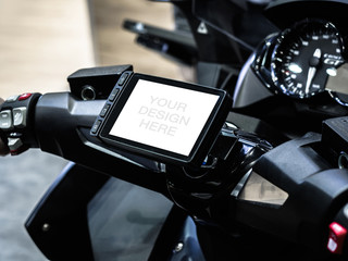 Blank empty screen mock up of motorcycle travel navigation on the handlebars of the bike, Finding a...