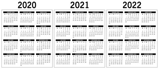 basic monochrome calendar 2020, 2021, 2022. Vector, eps 10