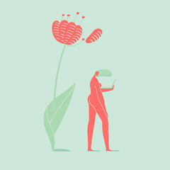 llustration of a girl nude with notebook under flower, person, nature, ecology and technology