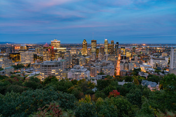 Aerial night view of Montreal downtown cityscape from Royal Mountain