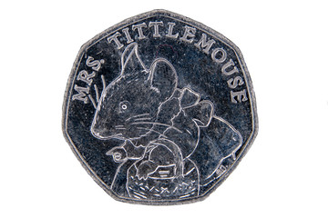 fifty pence coin displaying Mrs Tittlemouse