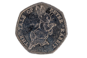 fifty pence coin displaying Peter Rabbit
