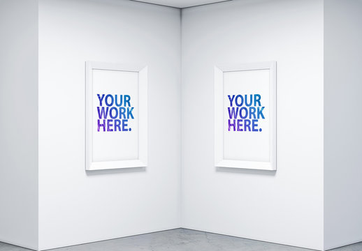 Two Framed Posters on Facing White Walls Mockup
