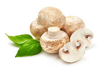 Champignons with basil, close-up, isolated on white background