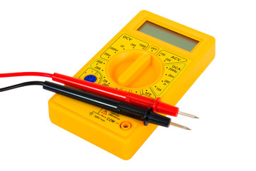 Yellow digital multimeter on white background, electronic measuring equipment.