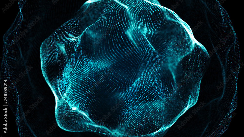 Poster Futuristic sphere of dots. Abstract particles background with sphere.Globalization interface. Sense of science and technology abstract graphics. 3D rendering.