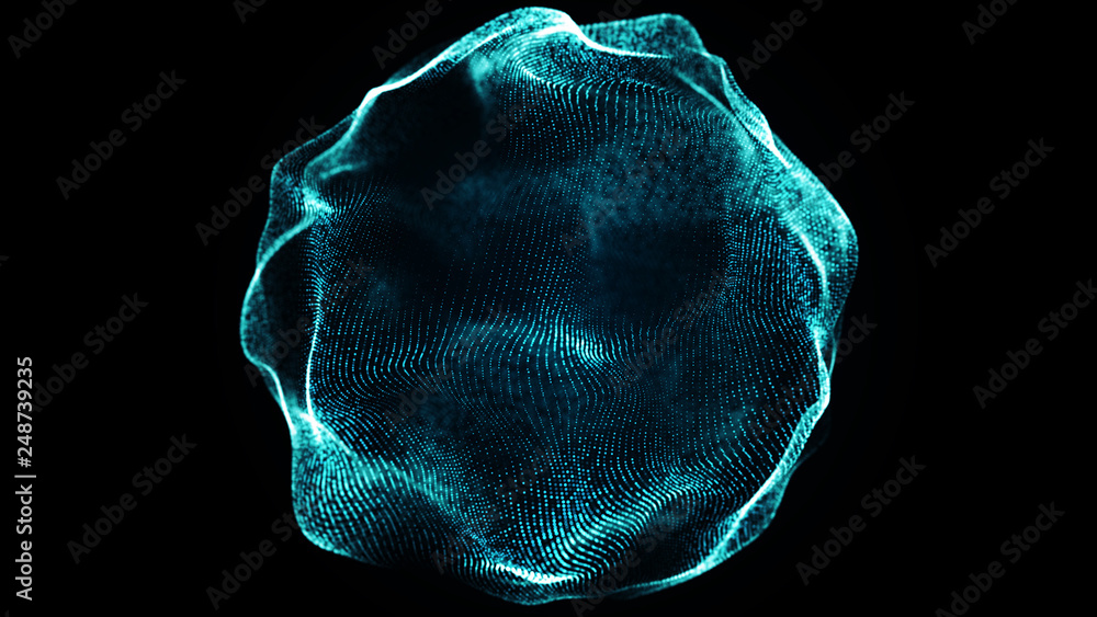 Poster Futuristic sphere of dots. Abstract particles background with sphere.Globalization interface. Sense of science and technology abstract graphics. 3D rendering.