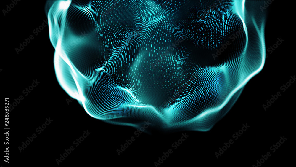 Poster Futuristic sphere of dots. Abstract particles background with sphere.Globalization interface. Sense of science and technology abstract graphics. 3D rendering.