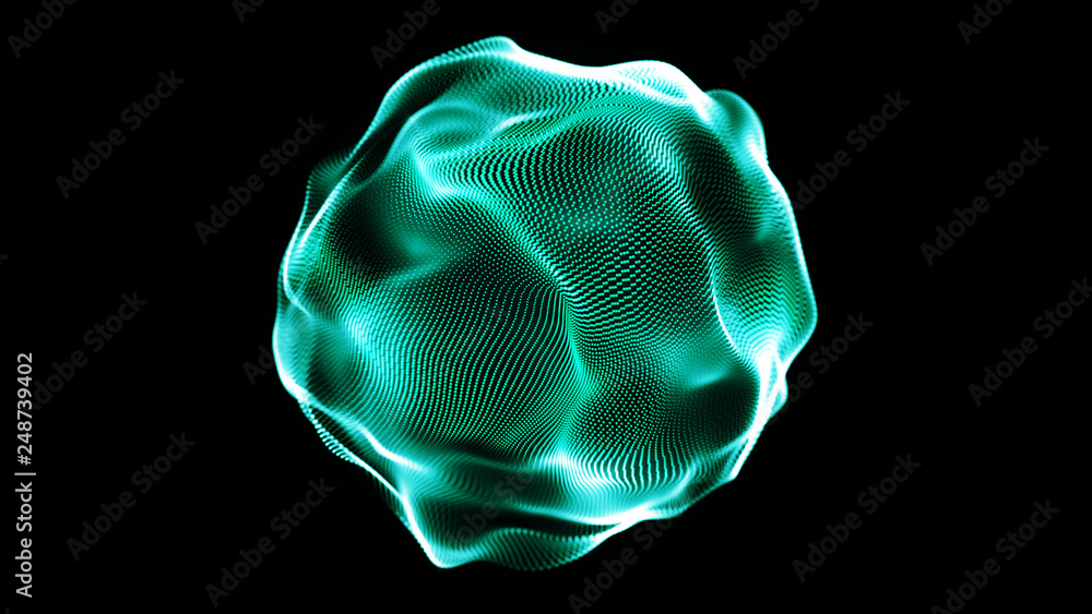 Poster Futuristic sphere of dots. Abstract particles background with sphere.Globalization interface. Sense of science and technology abstract graphics. 3D rendering.