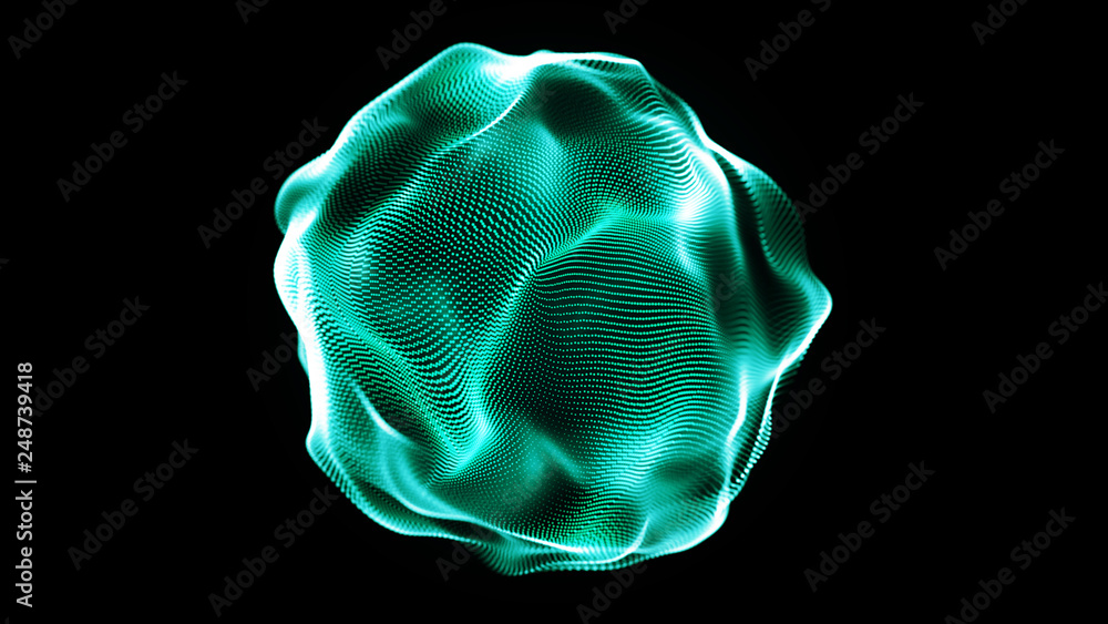 Poster Futuristic sphere of dots. Abstract particles background with sphere.Globalization interface. Sense of science and technology abstract graphics. 3D rendering.