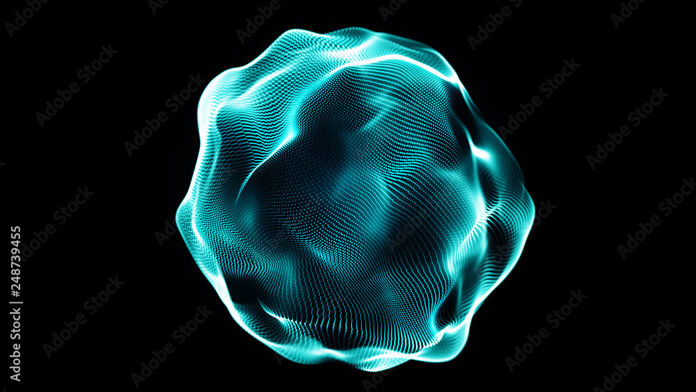 Poster Futuristic sphere of dots. Abstract particles background with sphere.Globalization interface. Sense of science and technology abstract graphics. 3D rendering.