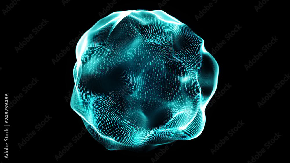 Poster Futuristic sphere of dots. Abstract particles background with sphere.Globalization interface. Sense of science and technology abstract graphics. 3D rendering.