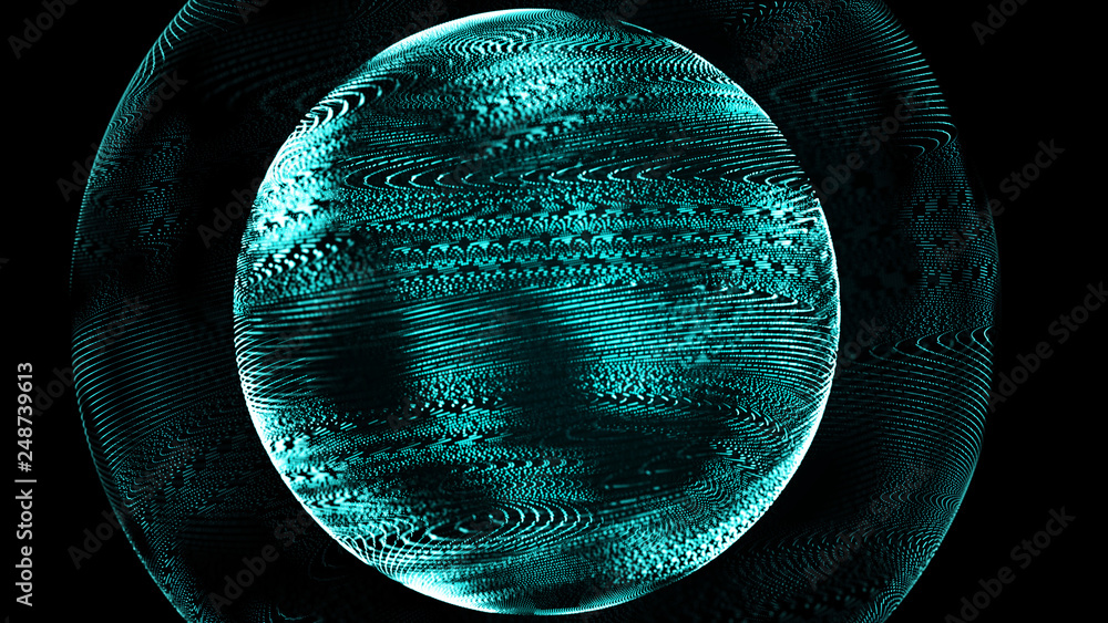Poster Futuristic sphere of dots. Abstract particles background with sphere.Globalization interface. Sense of science and technology abstract graphics. 3D rendering.