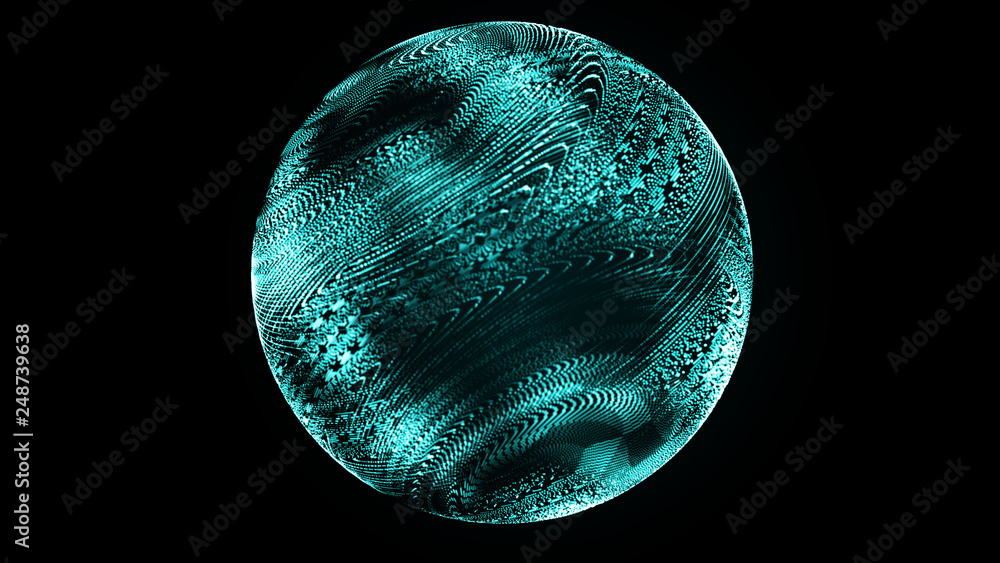 Poster Futuristic sphere of dots. Abstract particles background with sphere.Globalization interface. Sense of science and technology abstract graphics. 3D rendering.