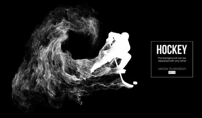 Abstract silhouette of a hockey player on dart, black background from particles, dust, smoke, steam. Hockey player hits the puck. Background can be changed to any other. Vector illustration