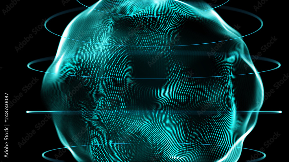 Poster Futuristic sphere of dots. Abstract particles background with sphere.Globalization interface. Sense of science and technology abstract graphics. 3D rendering.