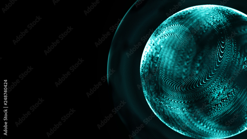 Poster Futuristic sphere of dots. Abstract particles background with sphere.Globalization interface. Sense of science and technology abstract graphics. 3D rendering.