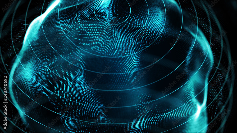 Poster Futuristic sphere of dots. Abstract particles background with sphere.Globalization interface. Sense of science and technology abstract graphics. 3D rendering.