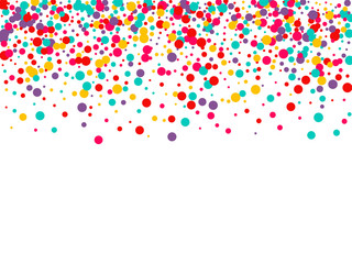 Festive background with multicolored confetti. Yellow, pink, blue circles but against a white background. Flying confetti. © Natallia