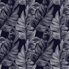 Tropical seamless pattern with indigo banana leaves on blue background. Floral background with exotic leaves.