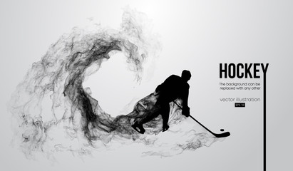 Abstract silhouette of a hockey player on white background from particles, dust, smoke, steam. Hockey player hits the puck. Background can be changed to any other. Vector illustration