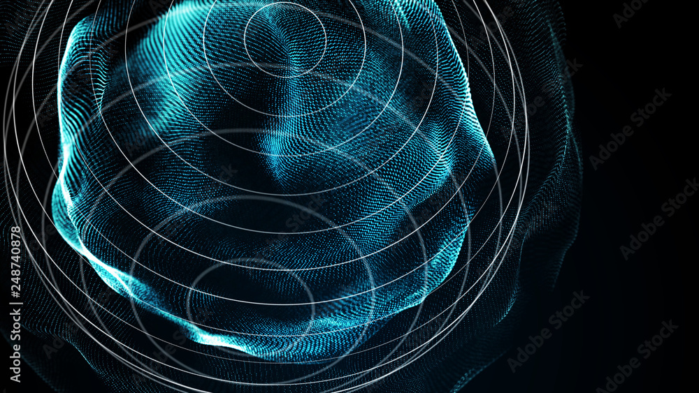 Poster Futuristic sphere of dots. Abstract particles background with sphere.Globalization interface. Sense of science and technology abstract graphics. 3D rendering.