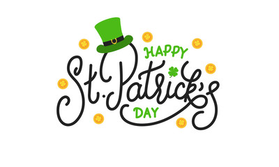 Naklejka premium Patricks Day. Happy St. Patrick's Day vector lettering label with leprechaun hat, clover leaf and gold coins.
