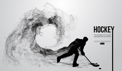 Abstract silhouette of a hockey player on white background from particles, dust, smoke, steam. Hockey player hits the puck. Background can be changed to any other. Vector illustration