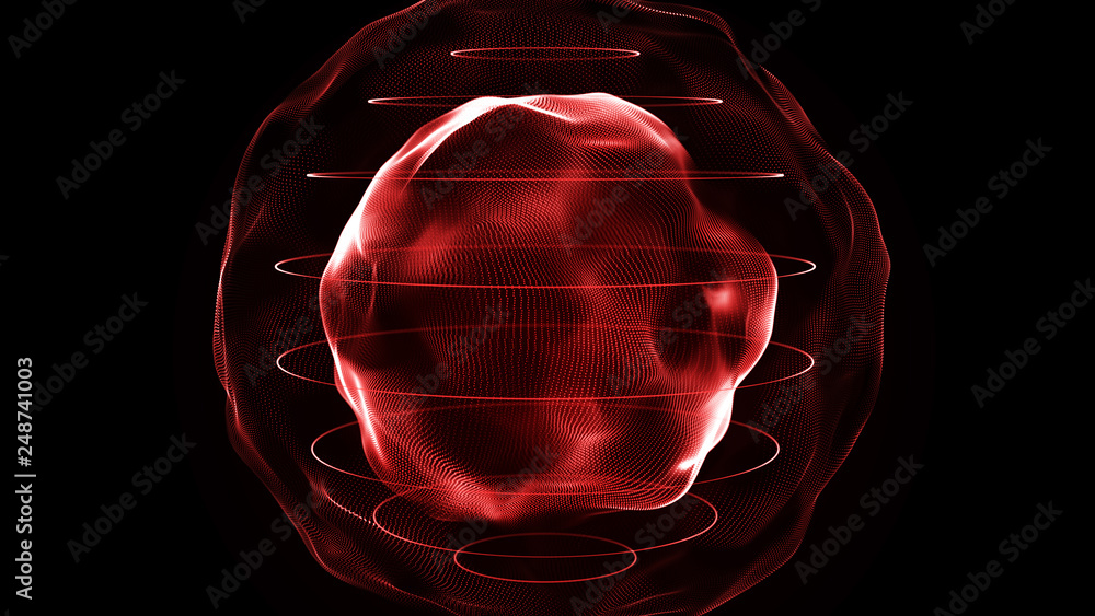 Poster Futuristic sphere of dots. Abstract particles background with sphere.Globalization interface. Sense of science and technology abstract graphics. 3D rendering.