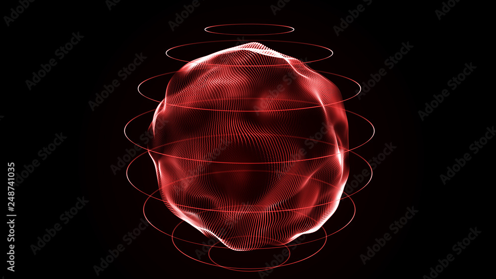 Poster Futuristic sphere of dots. Abstract particles background with sphere.Globalization interface. Sense of science and technology abstract graphics. 3D rendering.