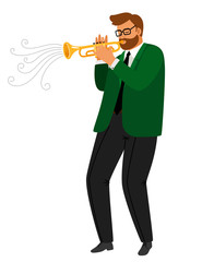 Obraz premium Man performance musical blues, jazz trumpeter practice enjoyment, enthusiastic hobby playing, vector illustration