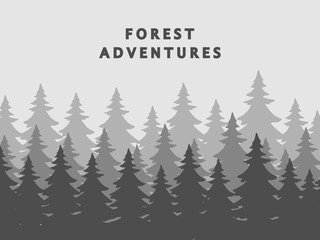 Fir forest silhouettes vector background in mist. Forest silhouette scene, natural wood, coniferous pine illustration