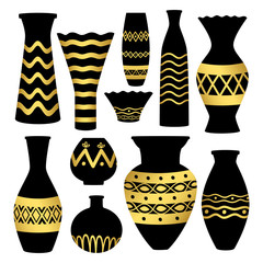Greek ancient bowls and vases with golden patterns. Vase ancient greek pottery, amphora and greece. Vector illustration