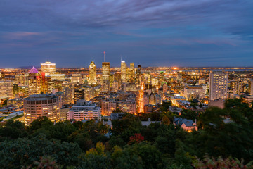 Fototapeta na wymiar Aerial night view of Montreal downtown cityscape from Royal Mountain