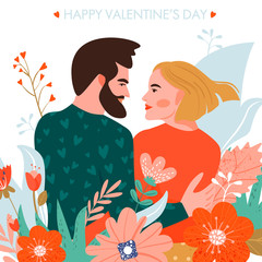 Valentine's day card with happy couple. Man hugging his lady. Illustration with flowers. Vector illustration on white background.