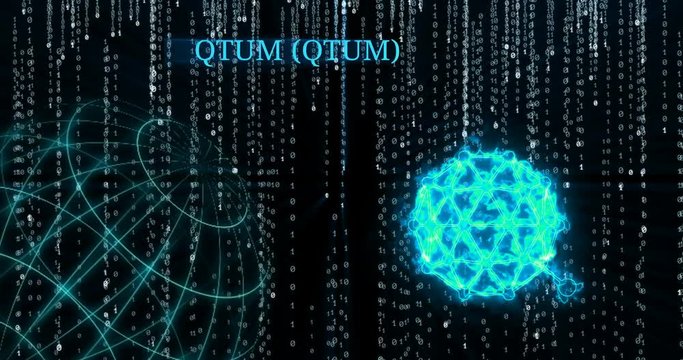 Glowing QTUM (QTUM) symbol against falling binary code symbols