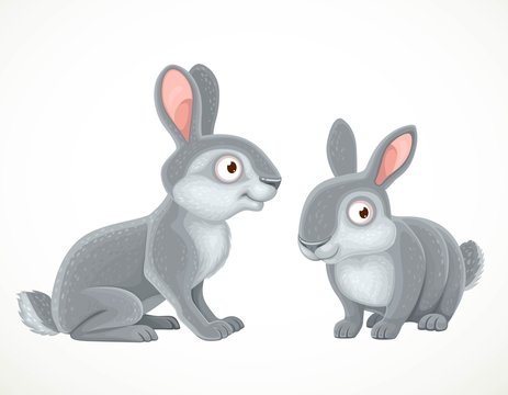 Cute cartoon gray rabbits farm animals isolated on white background