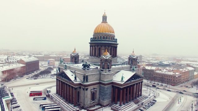 Isaac's cathedral in Saint-Petersburg aerial drone shot at winter and snow
