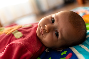 Newborn baby resting relaxed face up on a carpet.
