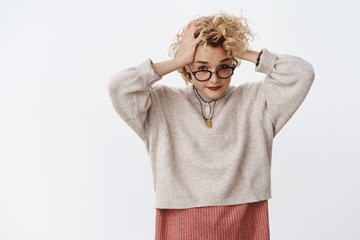 Girl mind gonna blow out. Portrait of pressured and tired bothered intense cute female working hard...
