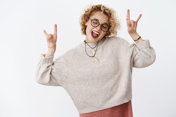 Let get party started. Happy upbeat carefree and joyful enthusiastic woman with short stylish blond...