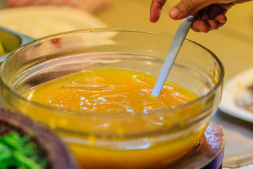 Soured sauce for dipping with the stewed pork leg on rice